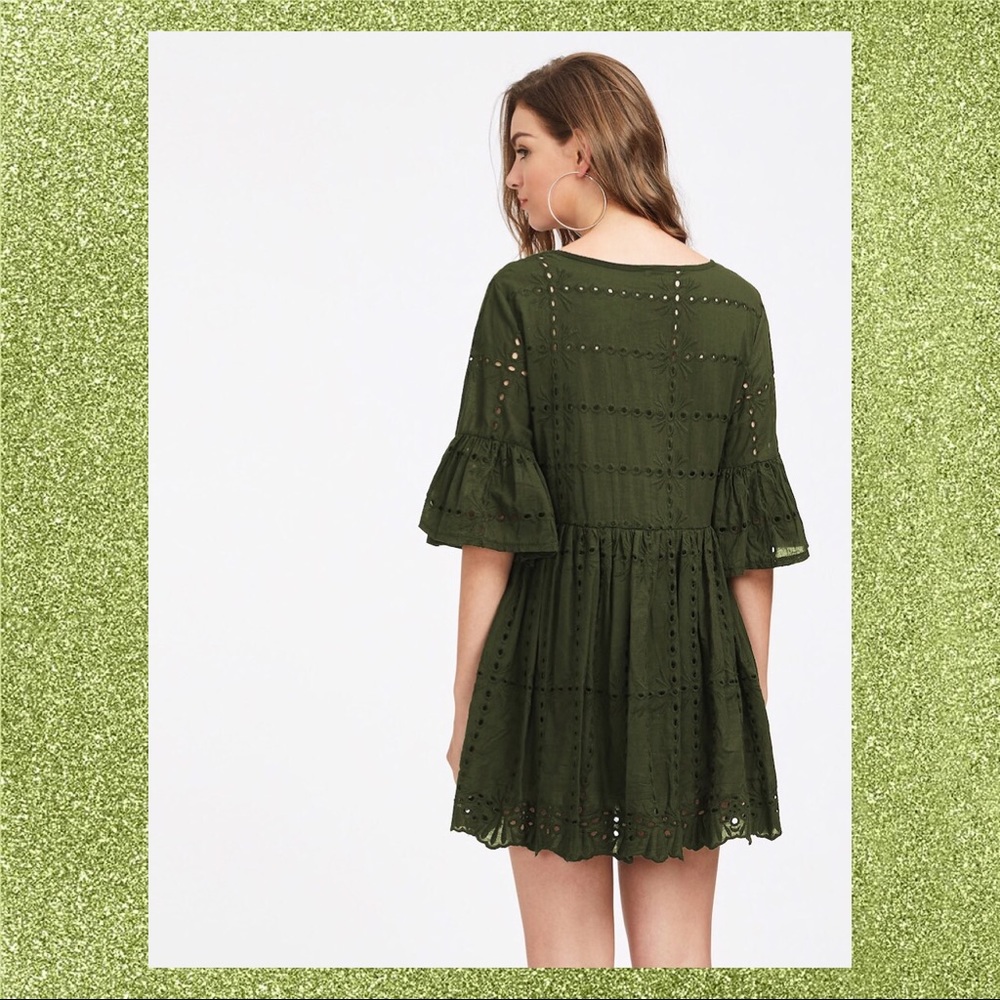🍭ARMY GREEN EYELET EMBROIDERED DRESS🍭 - Picture 3 of 7